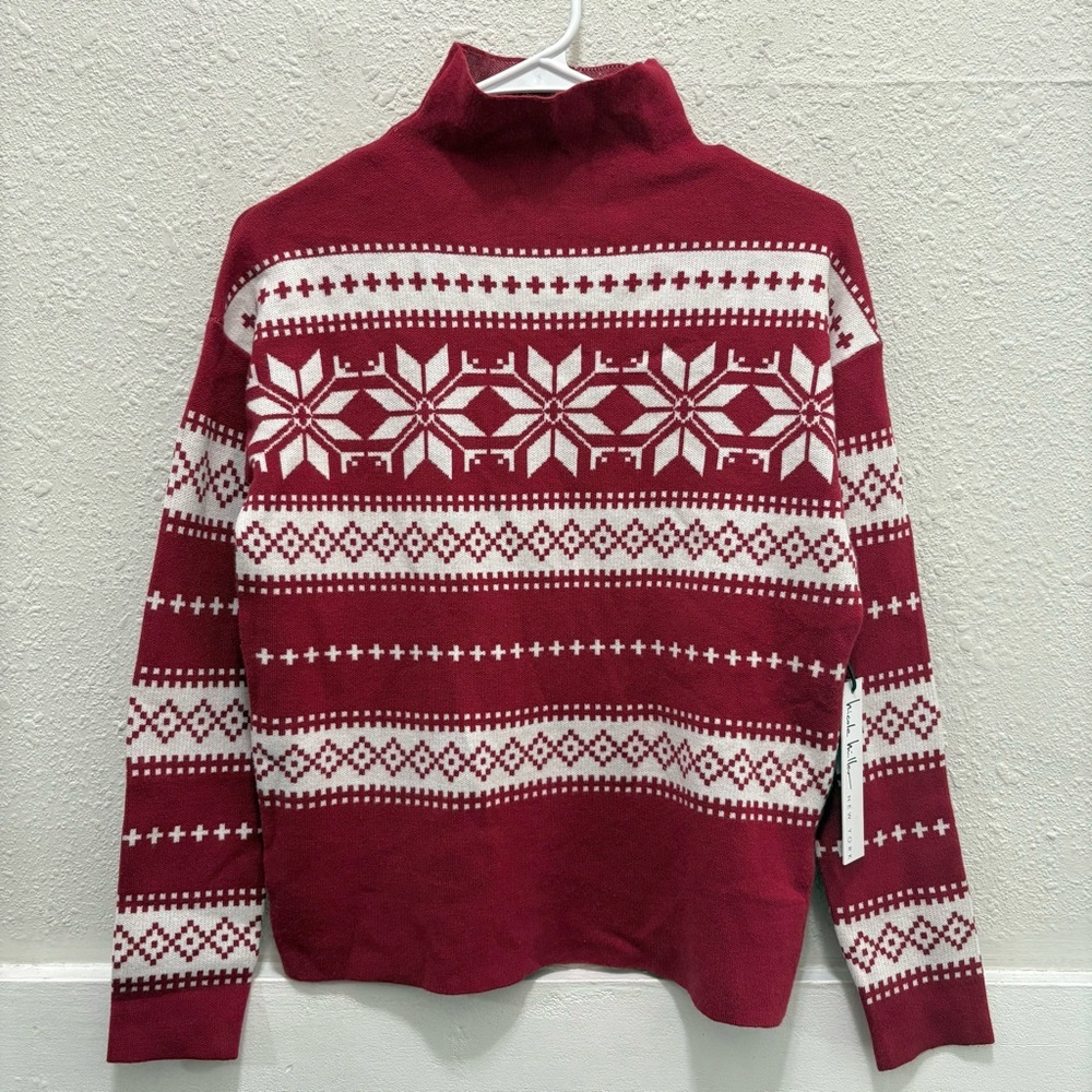 Nicole Miller Fair Isle Print Mock Neck Sweater NWT XS